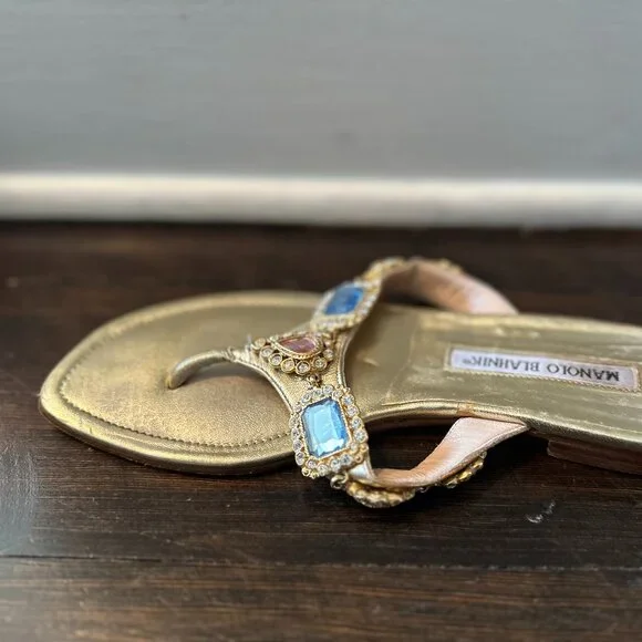 Manolo Blahnik Gold Leather Jeweled Flats - sz 38 (runs small - best for a 37) - Picture 9 of 10